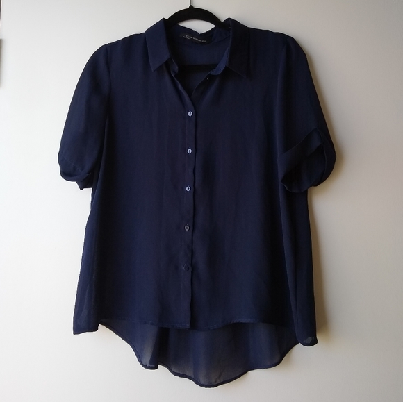 💙 zara navy semi sheer roll sleeve button down - Picture 3 of 5
